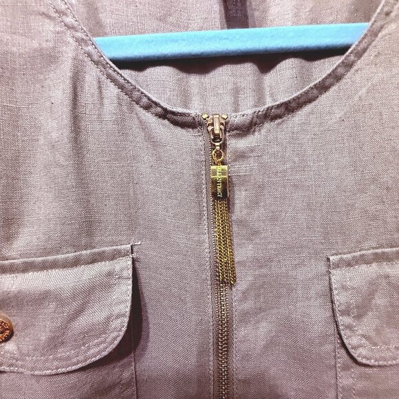 Ellen Tracy size M 100% linen army green decorative zip front short sleeve top - Picture 2 of 10